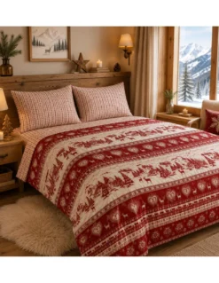 Completo Lenzuola Tirolese Rosso Chalet Valgardena - 100% Cotone Made in Italy - Cuori Cervi Baite Montagna