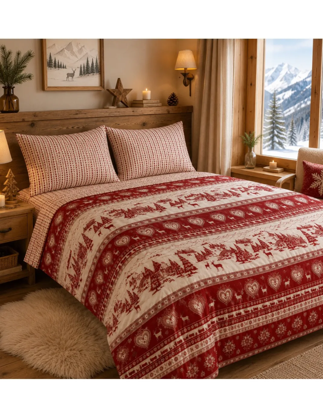 Completo Lenzuola Tirolese Rosso Chalet Valgardena - 100% Cotone Made in Italy - Cuori Cervi Baite Montagna