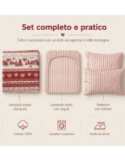 Completo Lenzuola Tirolese Rosso Chalet Valgardena - 100% Cotone Made in Italy - Cuori Cervi Baite Montagna