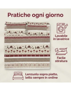Completo Lenzuola Tirolese Valbadia - 100% Cotone Made in Italy - Stile Montagna Cervi e Baite