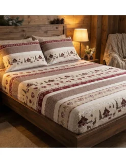 Completo Lenzuola Tirolese Valbadia - 100% Cotone Made in Italy - Stile Montagna Cervi e Baite