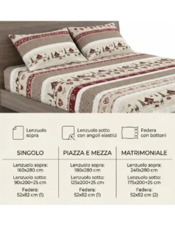 Completo Lenzuola Tirolese Valbadia - 100% Cotone Made in Italy - Stile Montagna Cervi e Baite