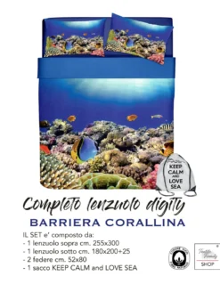 COMPLETO LENZUOLO COPRILETTO stampa DIGITALE COPRILETTO BARRIERA CORALLINA con sacco KEEP MATRIMONIALE 2 piazze