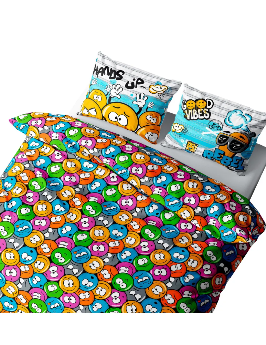 COMPLETO lenzuolo EMOJI Faccine SMILE NEW in Puro cotone Made in Italy