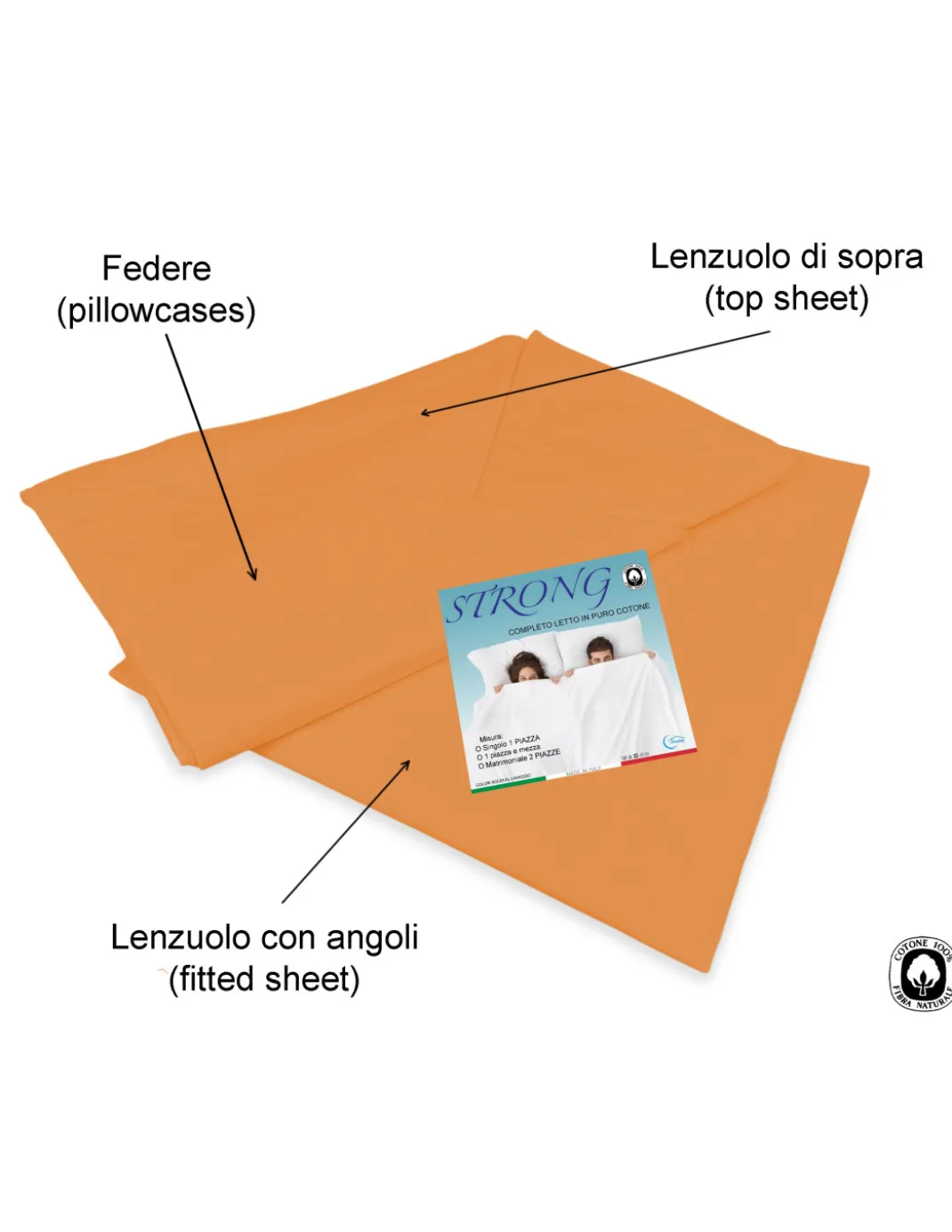 COMPLETO lenzuolo STRONG LENZUOLA tinta unita ARANCIO puro COTONE Made in Italy