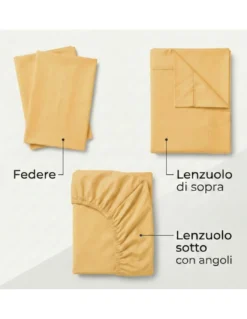 COMPLETO lenzuolo STRONG LENZUOLA tinta unita OCRA puro COTONE Made in Italy
