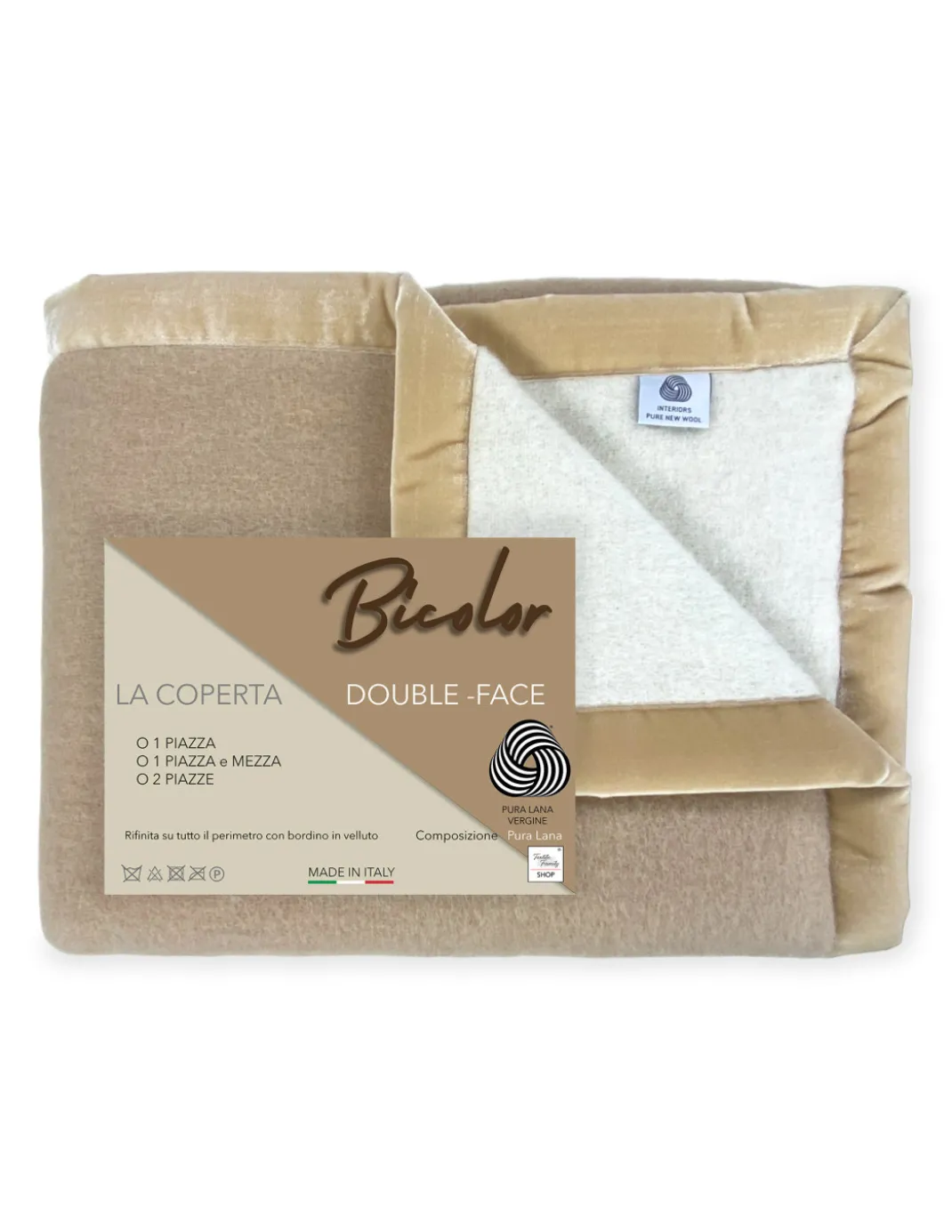 COPERTA BICOLOR in vera pura LANA vergine morbida e calda Beige