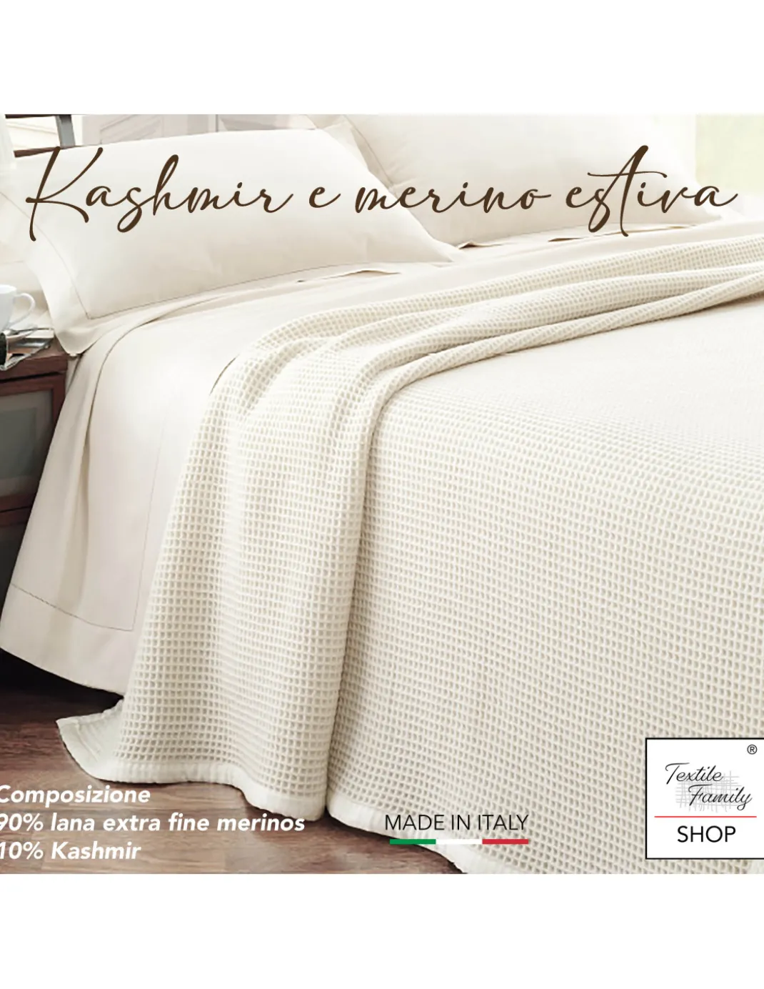 Coperta in Lana Kashmir e Merino – Estiva Leggera Nido Ape Matrimoniale 220×260 cm – Made in Italy