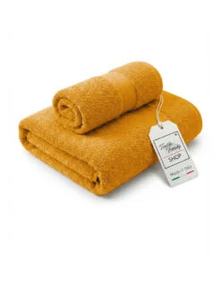 Coppia Asciugamani Viso e Ospite Ocra - Spugna 100% Cotone 450 g/m² Made in Italy
