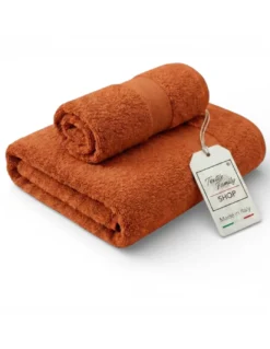 Coppia Asciugamani Viso e Ospite Terracotta - Spugna 100% Cotone 450 g/m² Made in Italy
