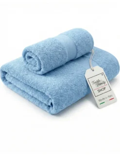 Coppia Asciugamani Viso e Ospite Celeste - Spugna 100% Cotone 450 g/m² Made in Italy