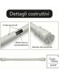 Coppia astine a pressione per tenda a vetro bianco Tex, regolabili con ventose, Ø7/8 mm, 4 misure, Made in Italy