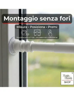 Coppia astine a pressione per tenda a vetro bianco Tex, regolabili con ventose, Ø7/8 mm, 4 misure, Made in Italy