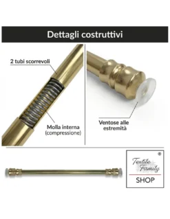 Coppia astine a pressione per tenda a vetro Ottone lucido oro Tex, regolabili con ventose, Ø7/8 mm, 4 misure, Made in Italy