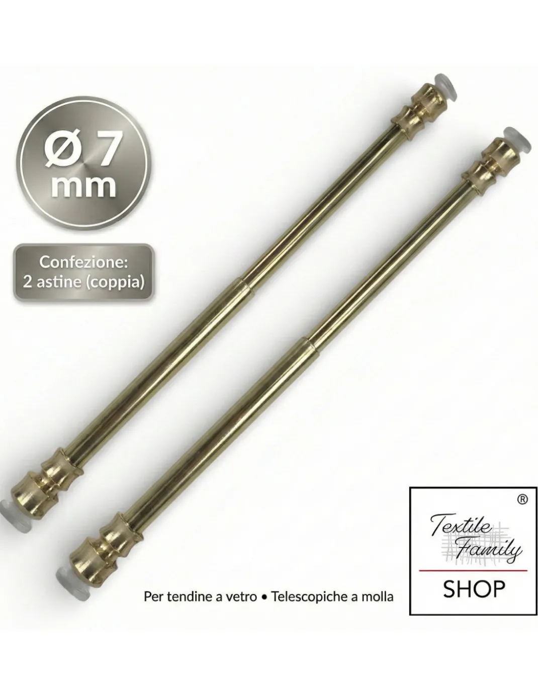 Coppia astine a pressione per tenda a vetro Ottone lucido oro Tex, regolabili con ventose, Ø7/8 mm, 4 misure, Made in Italy