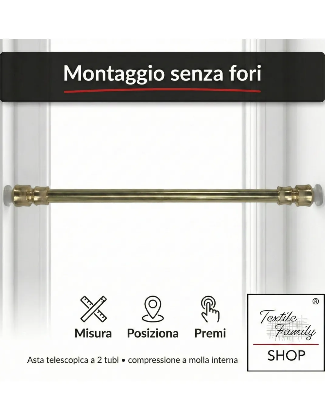 Coppia astine a pressione per tenda a vetro Ottone lucido oro Tex, regolabili con ventose, Ø7/8 mm, 4 misure, Made in Italy