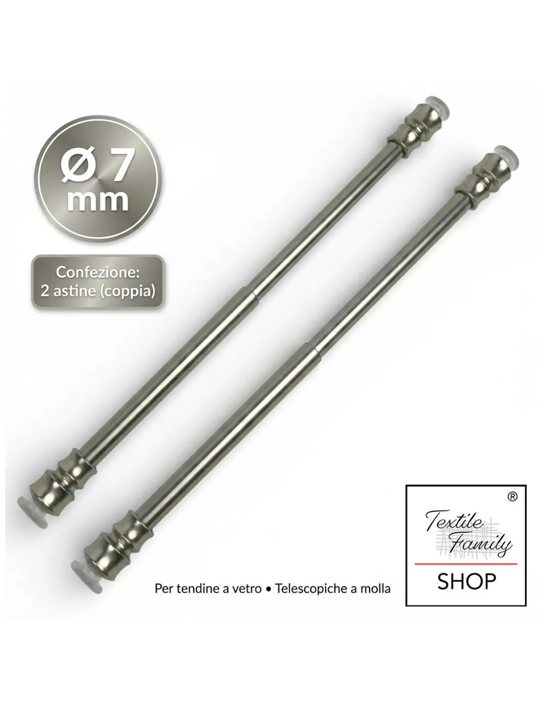 Coppia astine a pressione per tenda a vetro in ottone nichelato argento Tex, regolabili con ventose, Ø7/8 mm, Made in Italy