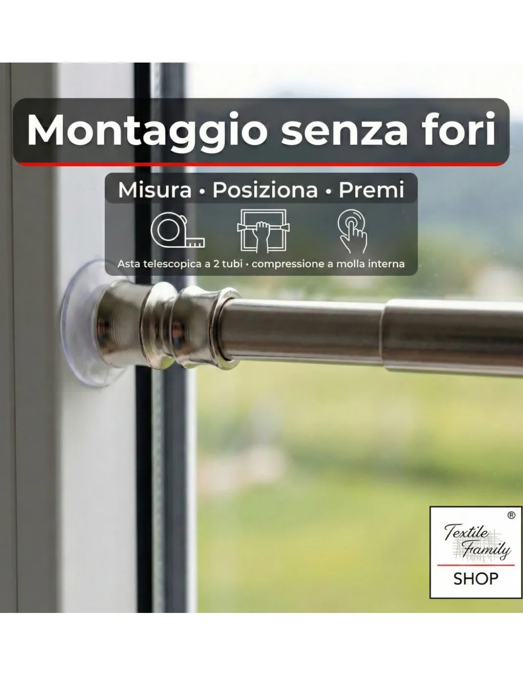 Coppia astine a pressione per tenda a vetro in ottone nichelato argento Tex, regolabili con ventose, Ø7/8 mm, Made in Italy