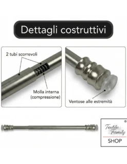Coppia astine a pressione per tenda a vetro in ottone nichelato argento Tex, regolabili con ventose, Ø7/8 mm, Made in Italy