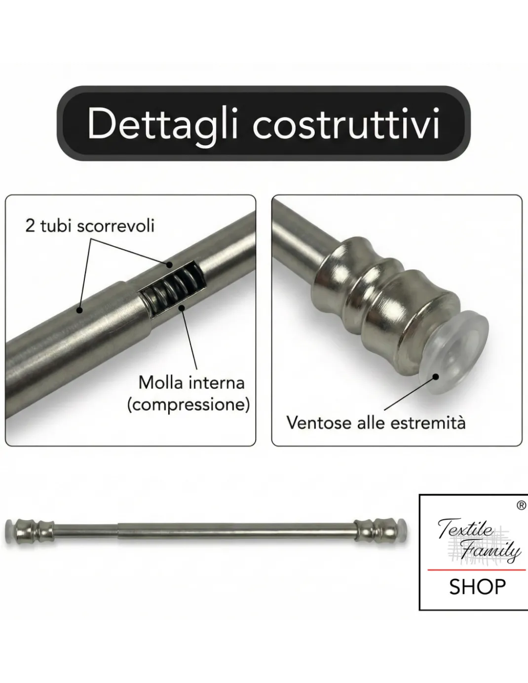 Coppia astine a pressione per tenda a vetro in ottone nichelato argento Tex, regolabili con ventose, Ø7/8 mm, Made in Italy