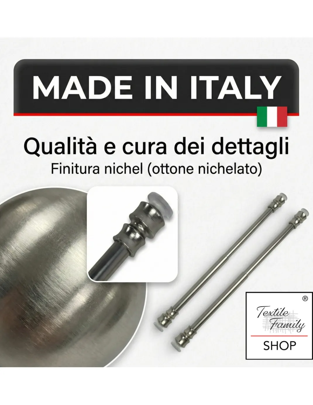 Coppia astine a pressione per tenda a vetro in ottone nichelato argento Tex, regolabili con ventose, Ø7/8 mm, Made in Italy