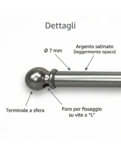 Coppia Astine Tex per Tenda a Vetro Ø7 mm in Ottone Nichelato Argento Opaco, Estensibili, con Viti, Made in Italy