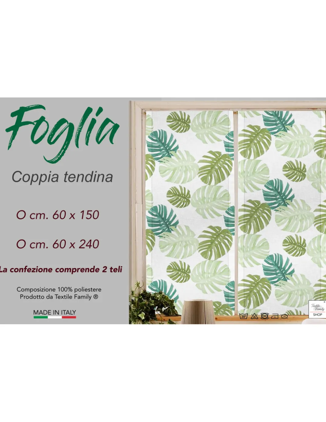 Coppia TENDINA a vetro FOGLIA VERDE larga cm. 60 da Finestra e da Porta