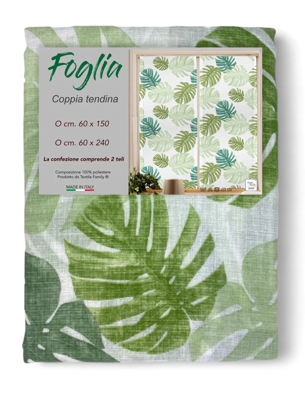 Coppia TENDINA a vetro FOGLIA VERDE larga cm. 60 da Finestra e da Porta