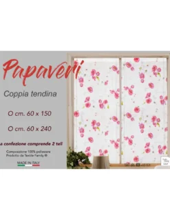 Coppia TENDINA a vetro PAPAVERI larga cm. 60 da Finestra e da Porta