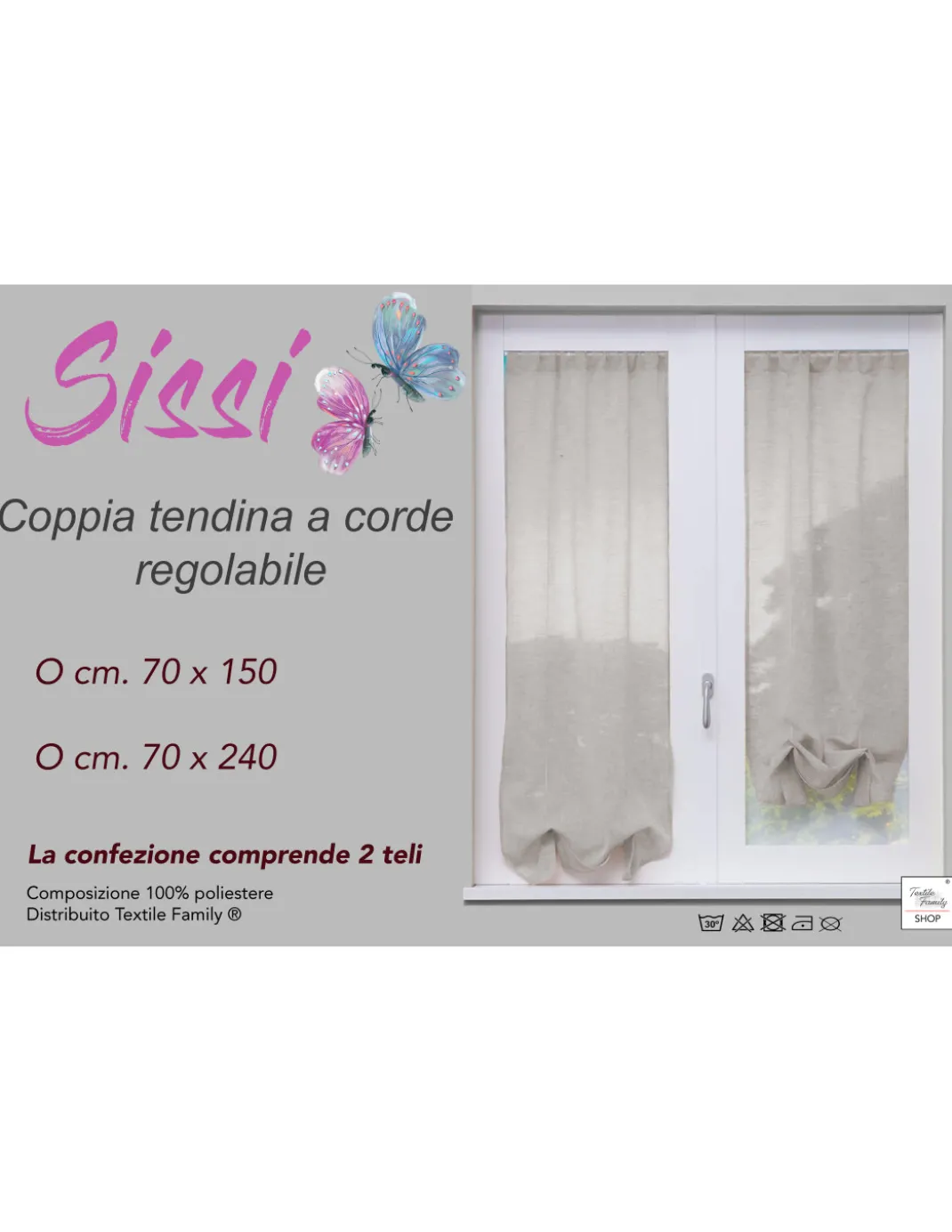 COPPIA tendina SISSI a VETRO MODERNA larga cm 70 Regolabile a Cordine BEIGE