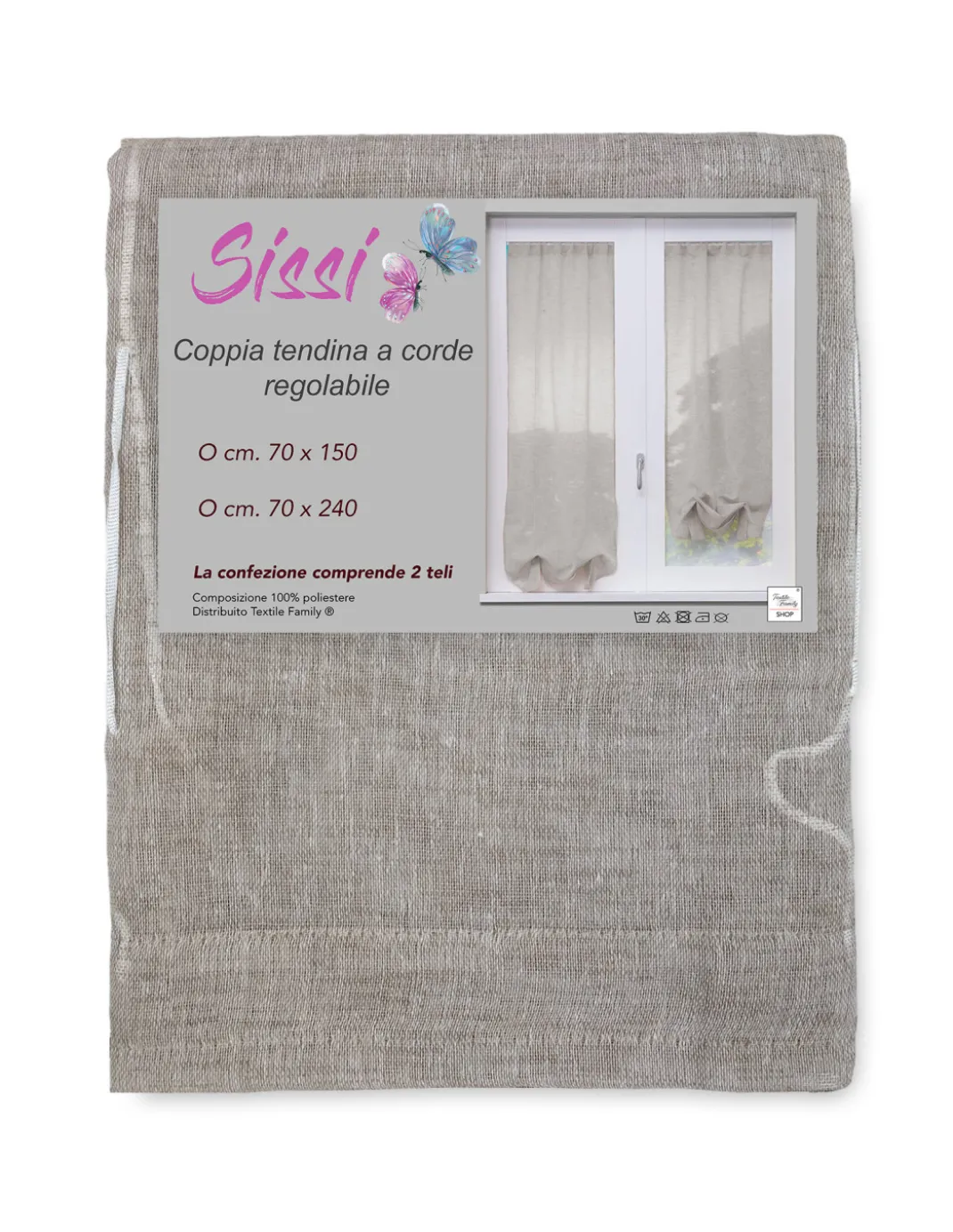 COPPIA tendina SISSI a VETRO MODERNA larga cm 70 Regolabile a Cordine BEIGE