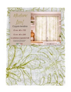 Coppia Tendine a Vetro Modern Leaf Verde Semitrasparenti in Bouclè con Tunnel per Astina – 2 Teli Made in Italy