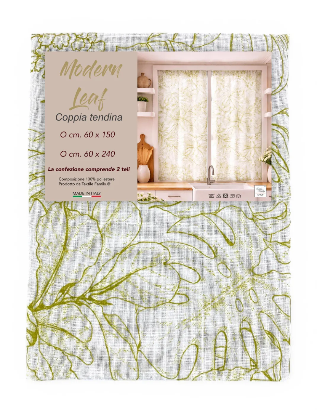 Coppia Tendine a Vetro Modern Leaf Verde Semitrasparenti in Bouclè con Tunnel per Astina – 2 Teli Made in Italy