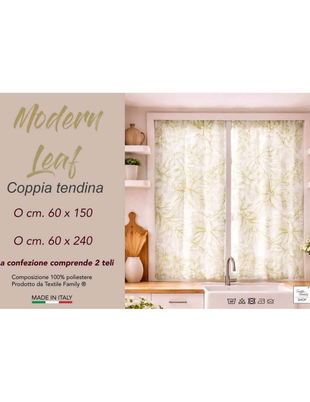Coppia Tendine a Vetro Modern Leaf Verde Semitrasparenti in Bouclè con Tunnel per Astina – 2 Teli Made in Italy