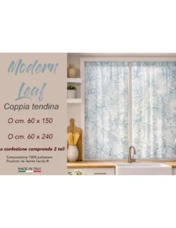 Coppia Tendine a Vetro Modern Leaf Blu Semitrasparenti in Bouclè con Tunnel per Astina – 2 Teli Made in Italy