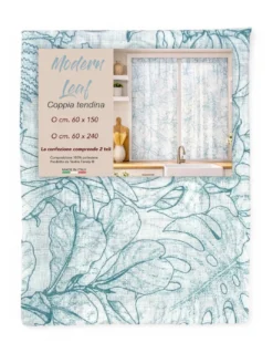 Coppia Tendine a Vetro Modern Leaf Blu Semitrasparenti in Bouclè con Tunnel per Astina – 2 Teli Made in Italy