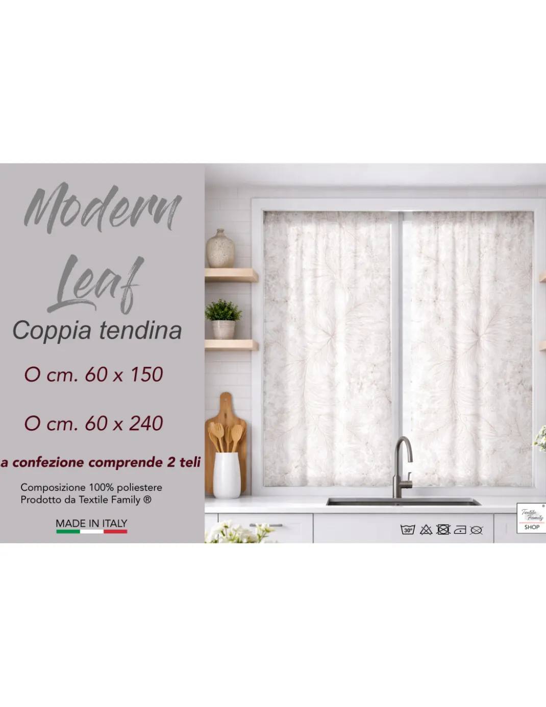 Coppia Tendine a Vetro Modern Leaf Beige Semitrasparenti in Bouclè con Tunnel per Astina – 2 Teli Made in Italy