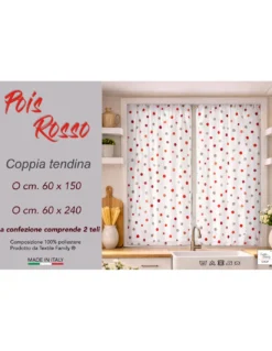 Coppia Tendine a Vetro Pois Rosso Semitrasparenti in Bouclè con Tunnel per Astina – 2 Teli Made in Italy