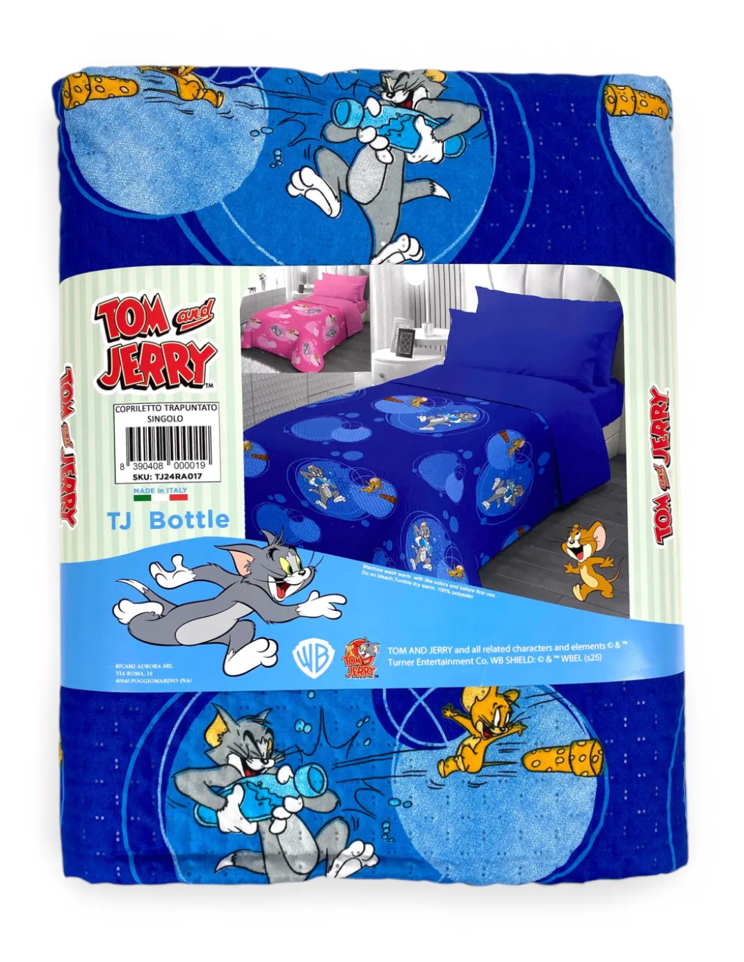 Copriletto Singolo Bambini 170x250 Tom and Jerry Blu “TJ Bottle” – Trapuntino Leggero 80 g/m² in Microfibra, Made in Italy