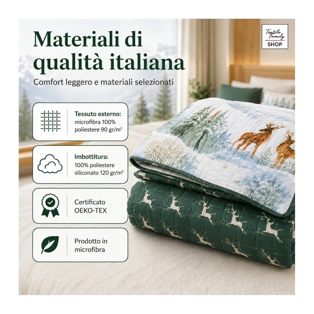 Copriletto Trapuntato Cervo Verde in Microfibra Mezza Stagione OEKO-TEX 260x260 cm