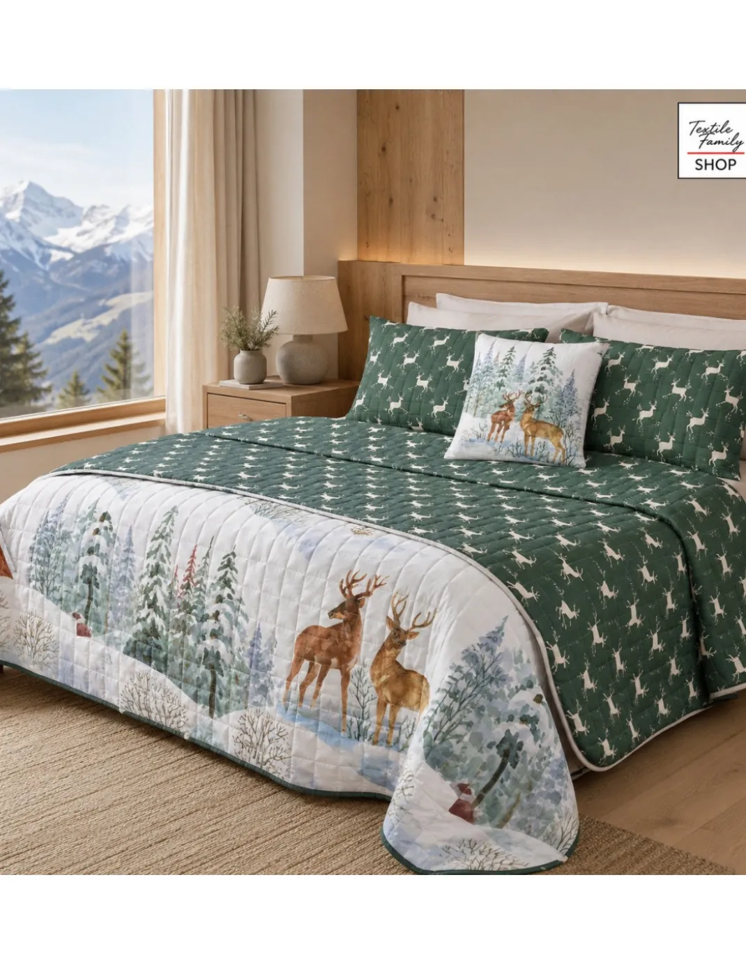 Copriletto Trapuntato Cervo Verde in Microfibra Mezza Stagione OEKO-TEX 260x260 cm