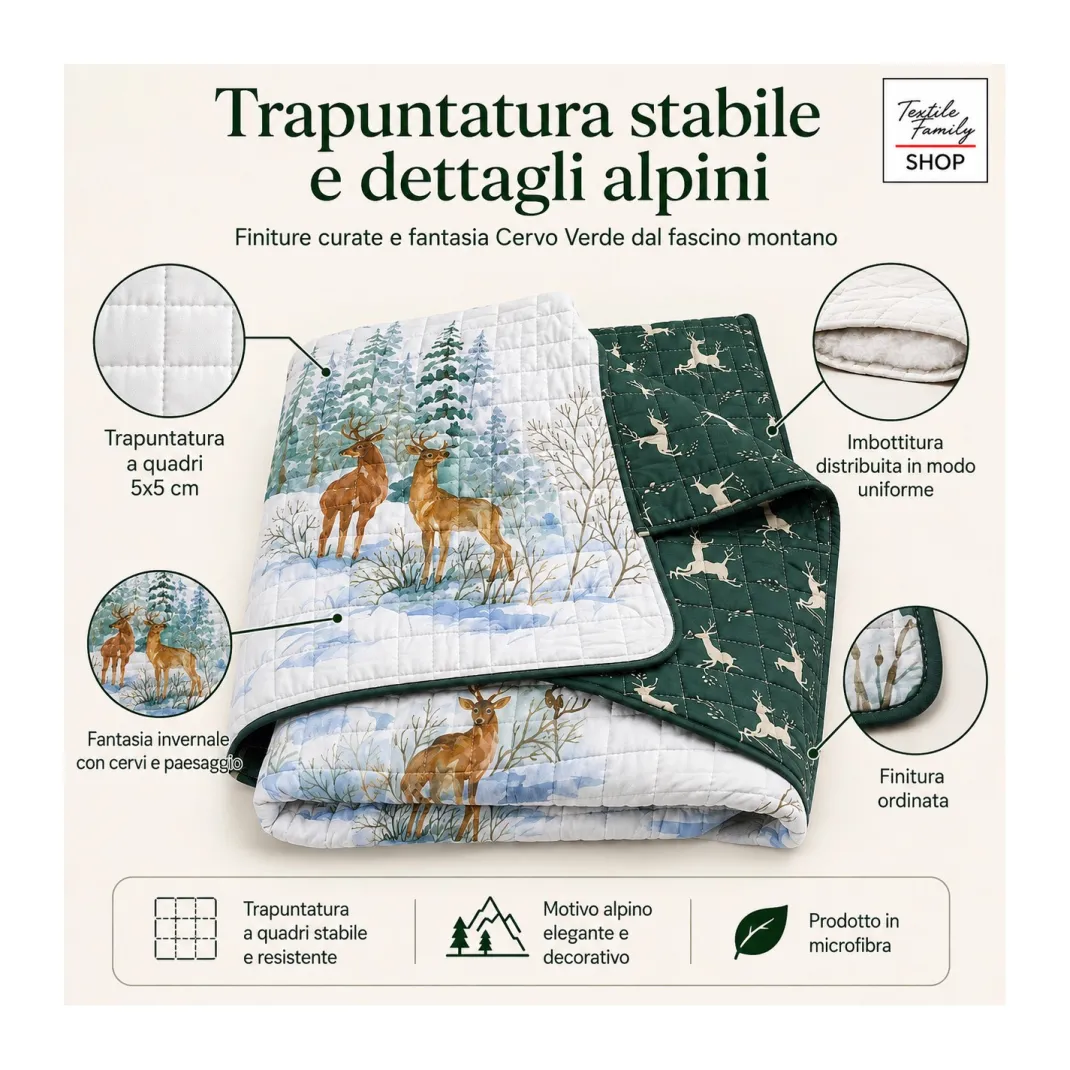 Copriletto Trapuntato Cervo Verde in Microfibra Mezza Stagione OEKO-TEX 260x260 cm