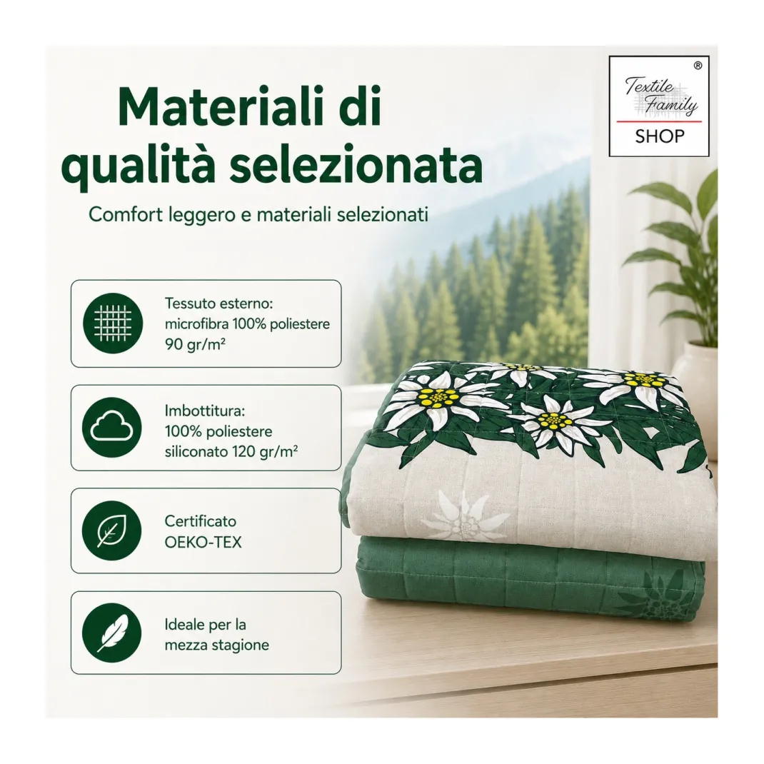 Copriletto Trapuntato Edelweiss Verde in Microfibra Mezza Stagione OEKO-TEX 260x260 cm