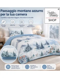 Copriletto Trapuntato Paesaggio Montano Azzurro in Microfibra Mezza Stagione OEKO-TEX Made in Italy 260x260