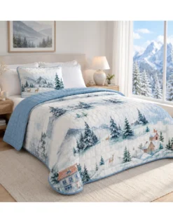 Copriletto Trapuntato Paesaggio Montano Azzurro in Microfibra Mezza Stagione OEKO-TEX Made in Italy 260x260