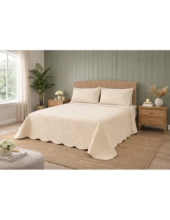 Copriletto Trapuntato Venezia Matrimoniale 250x250 Beige – Microfibra Manopesca, Trapuntatura Quadretti, 100 g/m², Bordo a Onde