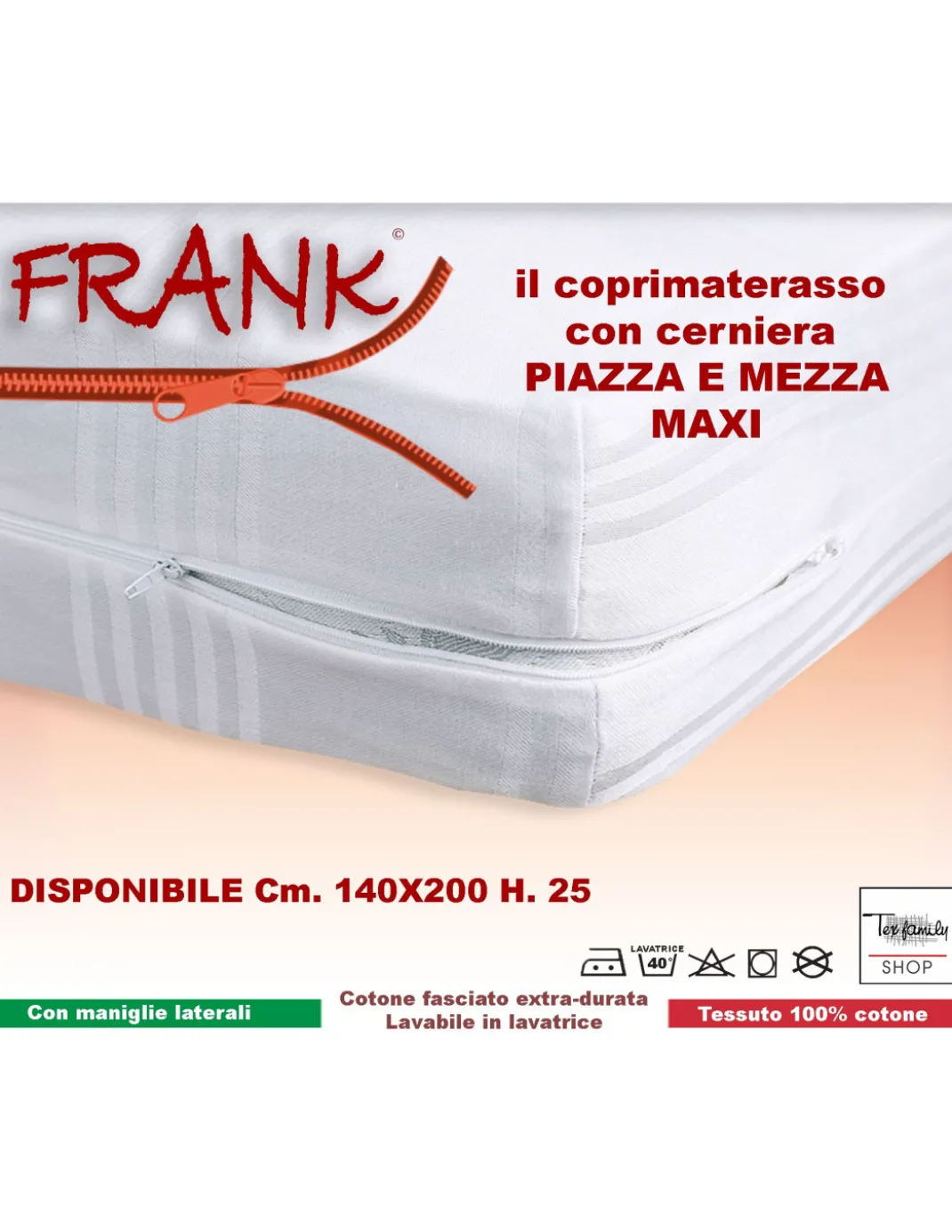 COPRIMATERASSO INTERO FRANK CON CERNIERA ZIP MISURA francese CM. 140 PIAZZA E MEZZA grande