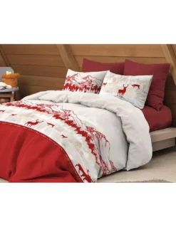 Copripiumino Cervo Alpi Rosso - Set Invernale 100% Cotone - Stile Montagna, Morbido e Traspirante