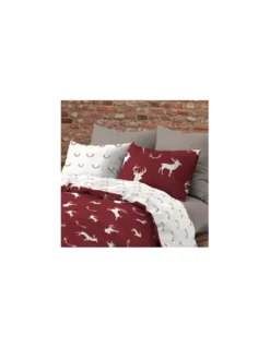 Copripiumino Double Face Cotone con Cervi Bianchi su Sfondo Bordeaux | Matrimoniale 255x200 cm | Stile Rustico Contemporaneo