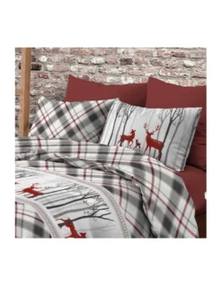 Copripiumino Fantasia Scozzese Cervo Rosso e Tartan Grigio in Cotone Double Face | Matrimoniale 255x200 cm con 2 Federe
